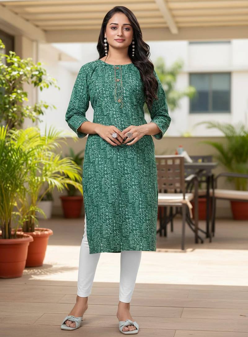 Green cotton blend geometric printed kurta for women