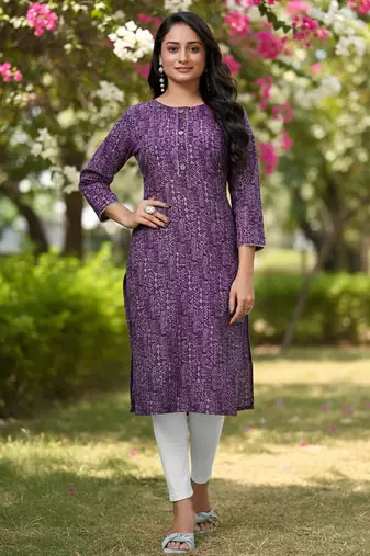 Purple cotton blend geometric printed kurta for women
