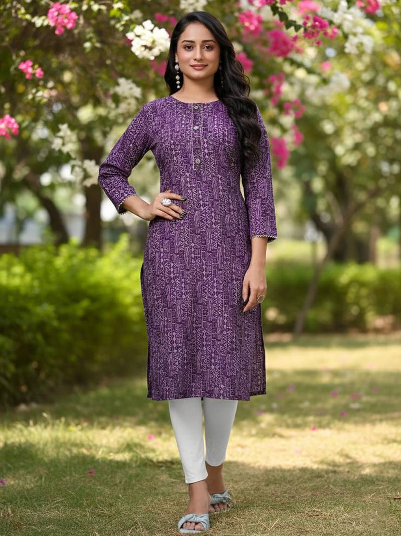 Purple cotton blend geometric printed kurta for women