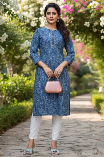 Blue cotton blend geometric printed kurta for women