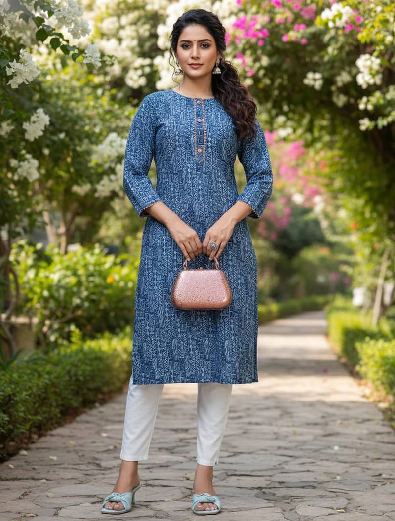 Blue cotton blend geometric printed kurta for women