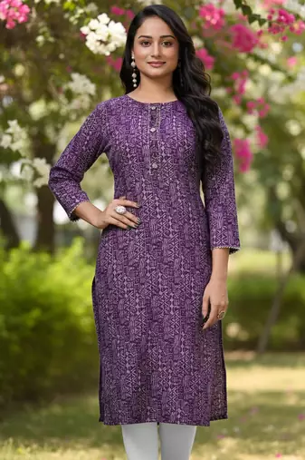 Purple cotton blend geometric printed kurta for women