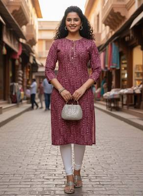 Maroon cotton blend geometric printed kurta for women 1