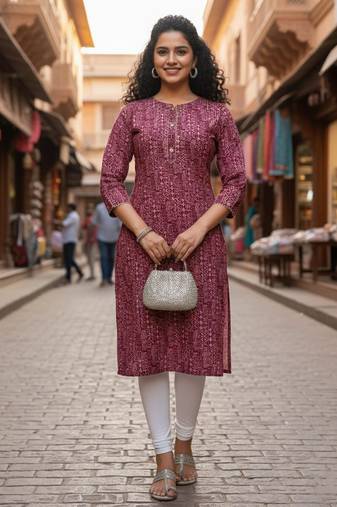 Maroon cotton blend geometric printed kurta for women
