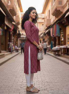 Maroon cotton blend geometric printed kurta for women 2