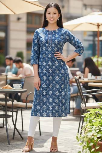 Blue cotton blend geometric printed kurta for women