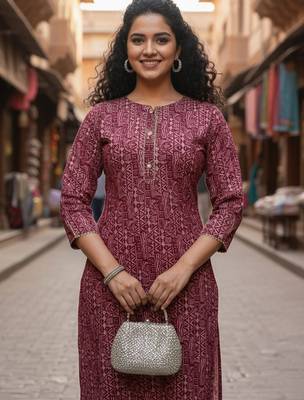 Maroon cotton blend geometric printed kurta for women 4