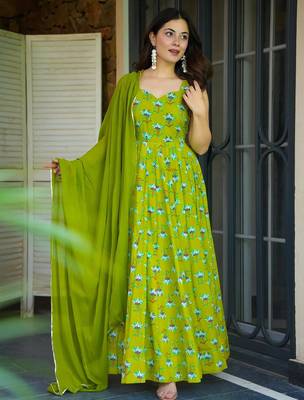 Green rayon floral printed fully flared anarkali gown for women 3