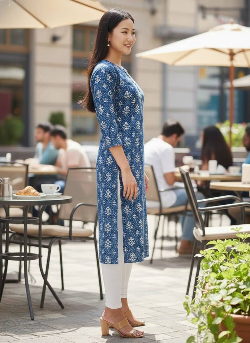 Blue cotton blend geometric printed kurta for women