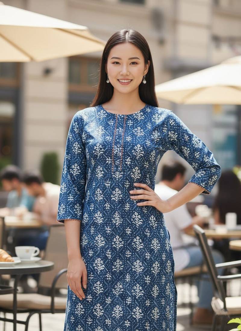 Blue cotton blend geometric printed kurta for women