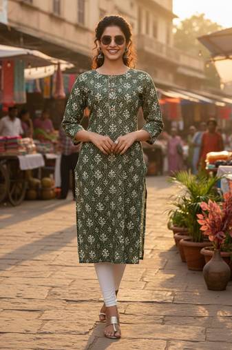 Green cotton blend geometric printed kurta for women