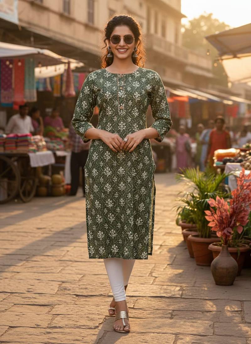 Green cotton blend geometric printed kurta for women