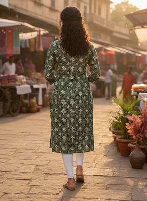 Green cotton blend geometric printed kurta for women 3