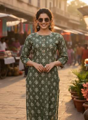 Green cotton blend geometric printed kurta for women 4