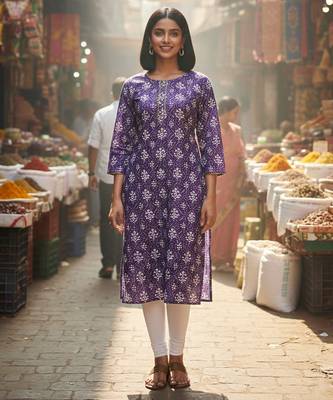 Purple cotton blend geometric printed kurta for women 1