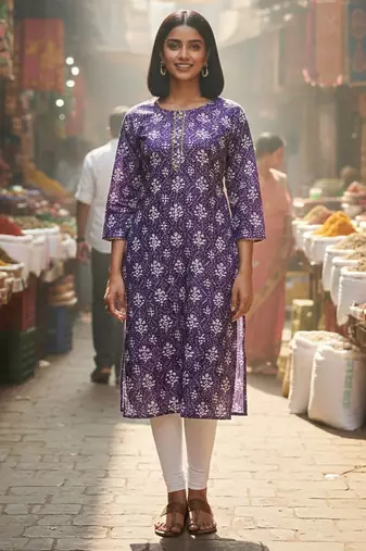 Purple cotton blend geometric printed kurta for women