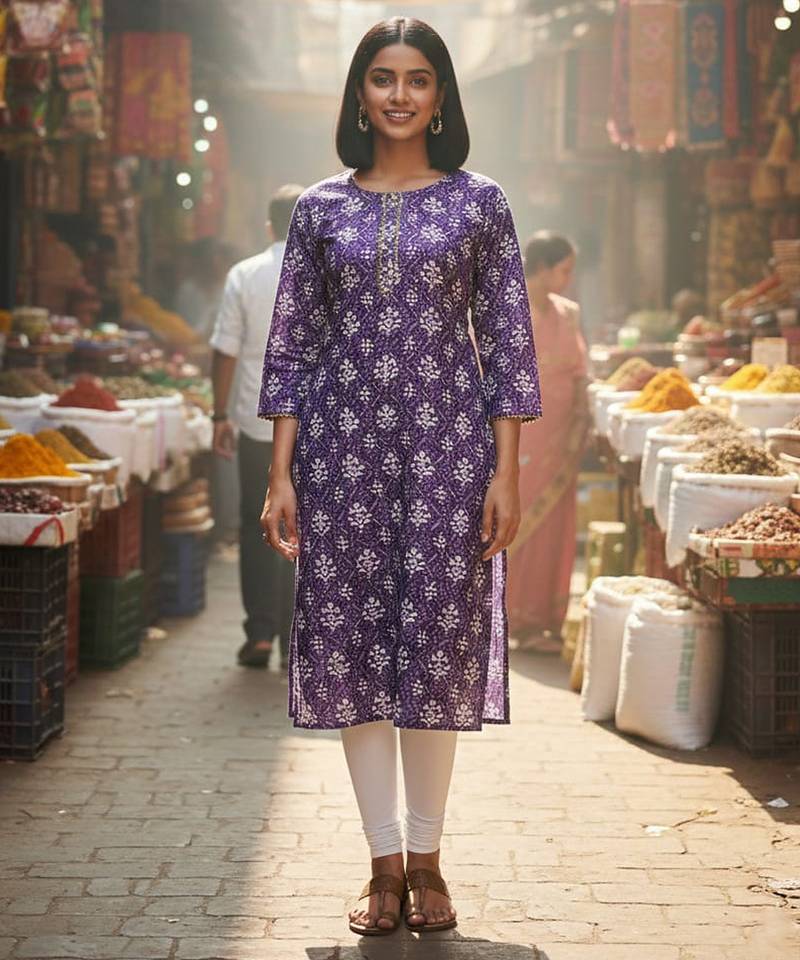 Purple cotton blend geometric printed kurta for women