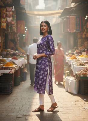 Purple cotton blend geometric printed kurta for women 2