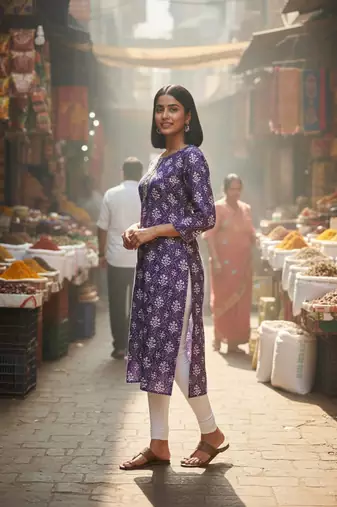 Purple cotton blend geometric printed kurta for women