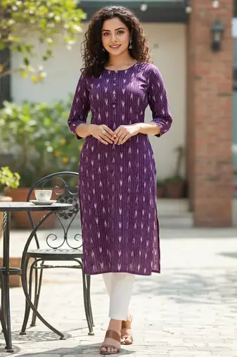 Wine cotton blend geometric printed kurta for women
