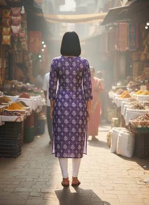 Purple cotton blend geometric printed kurta for women 3