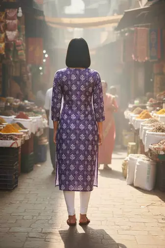Purple cotton blend geometric printed kurta for women