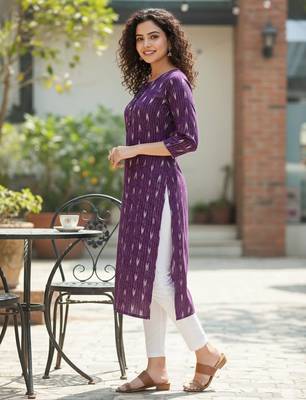 Wine cotton blend geometric printed kurta for women 2