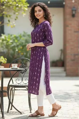 Wine cotton blend geometric printed kurta for women