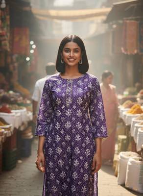 Purple cotton blend geometric printed kurta for women 4