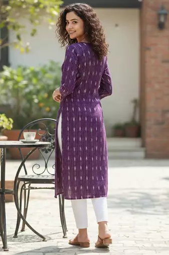 Wine cotton blend geometric printed kurta for women