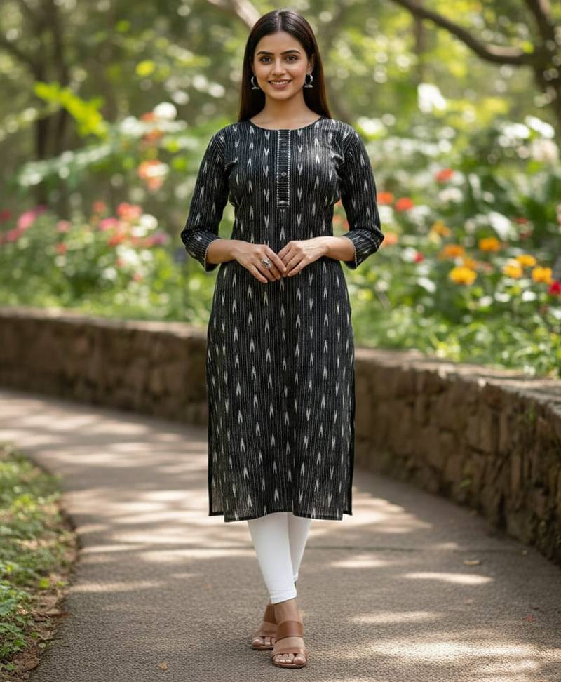 Black cotton blend geometric printed kurta for women