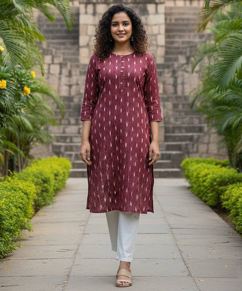 Maroon cotton blend geometric printed kurta for women
