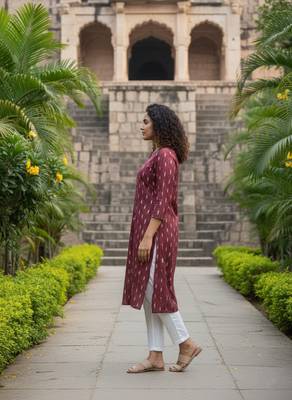 Maroon cotton blend geometric printed kurta for women 2