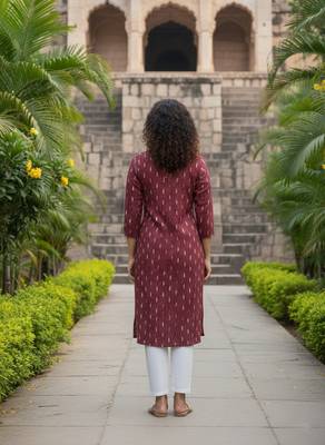 Maroon cotton blend geometric printed kurta for women 3