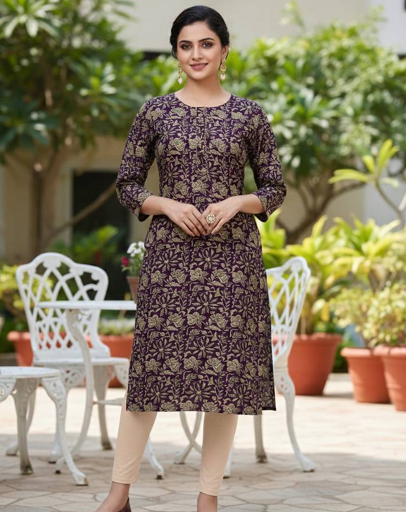 Wine cotton blend geometric printed kurta for women