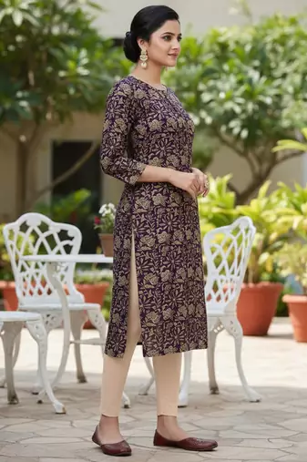 Wine cotton blend geometric printed kurta for women
