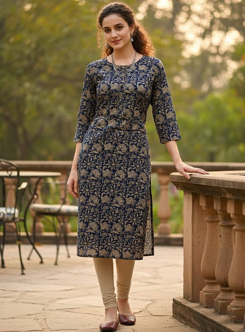 Blue cotton blend geometric printed kurta for women