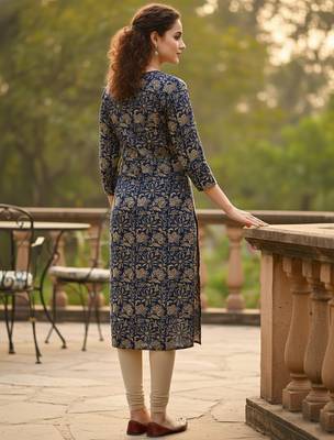 Blue cotton blend geometric printed kurta for women 3