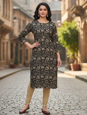 Black cotton blend geometric printed kurta for women 1