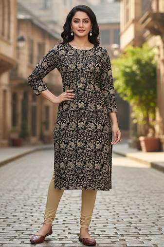 Black cotton blend geometric printed kurta for women