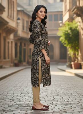 Black cotton blend geometric printed kurta for women 2