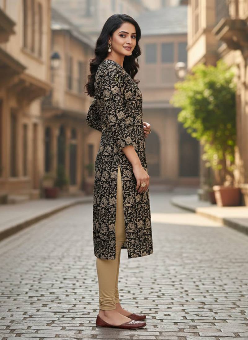 Black cotton blend geometric printed kurta for women