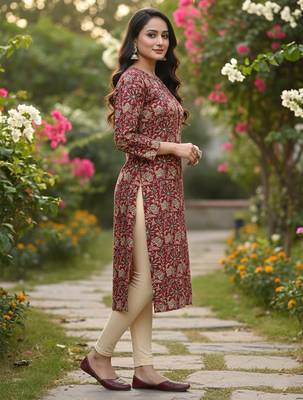 Maroon cotton blend geometric printed kurta for women 2