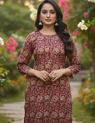 Maroon cotton blend geometric printed kurta for women 4