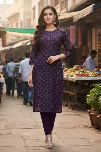 Wine cotton blend geometric printed kurta for women