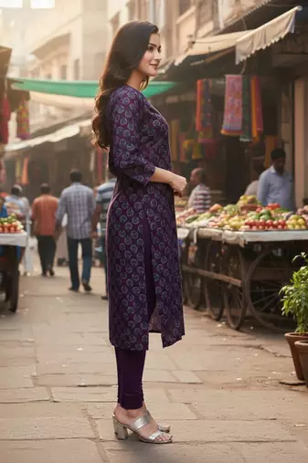 Wine cotton blend geometric printed kurta for women