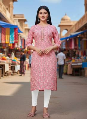 Peach cotton blend geometric printed kurta for women 1