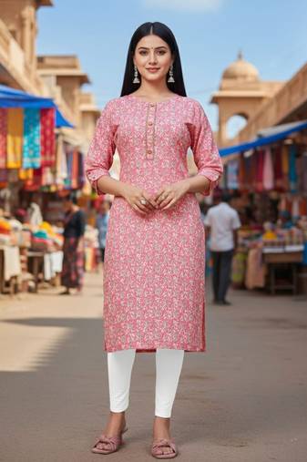 Peach cotton blend geometric printed kurta for women