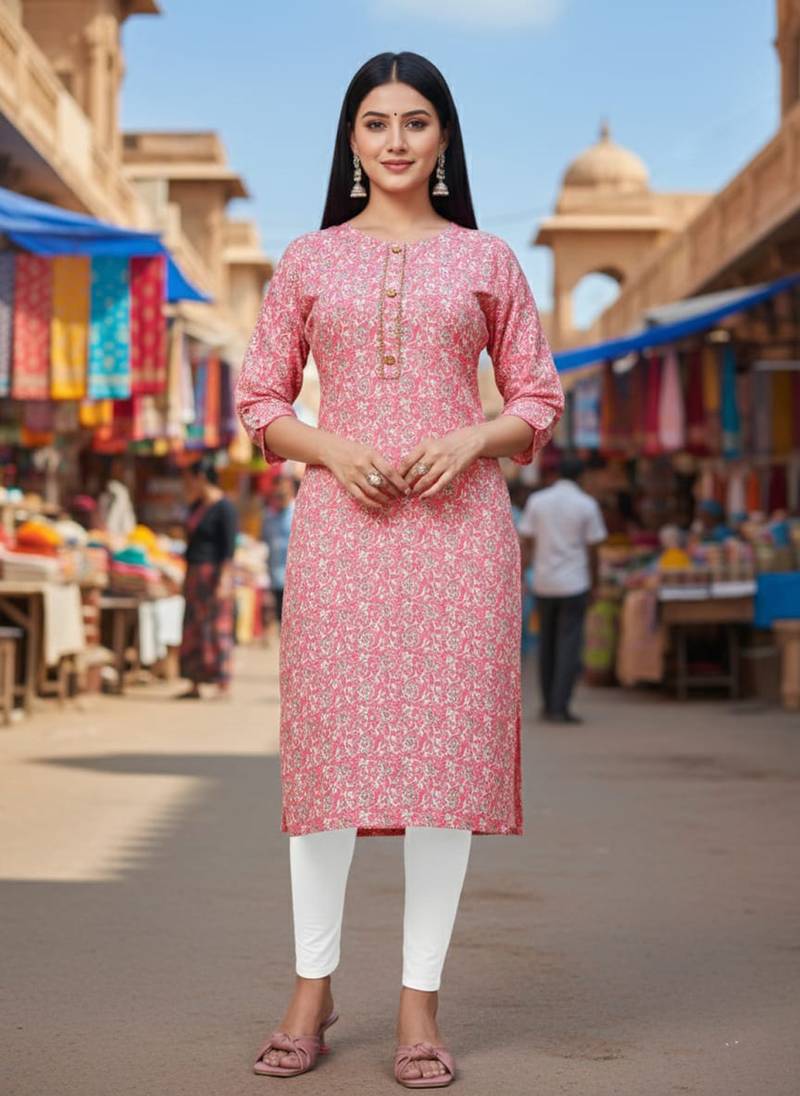 Peach cotton blend geometric printed kurta for women