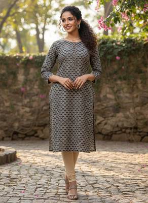 Beige cotton blend geometric printed kurta for women 1